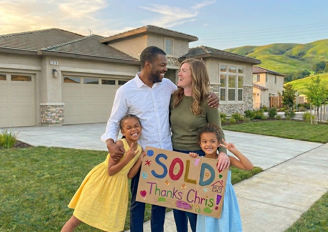 A young California family in front of their new home at golden hour